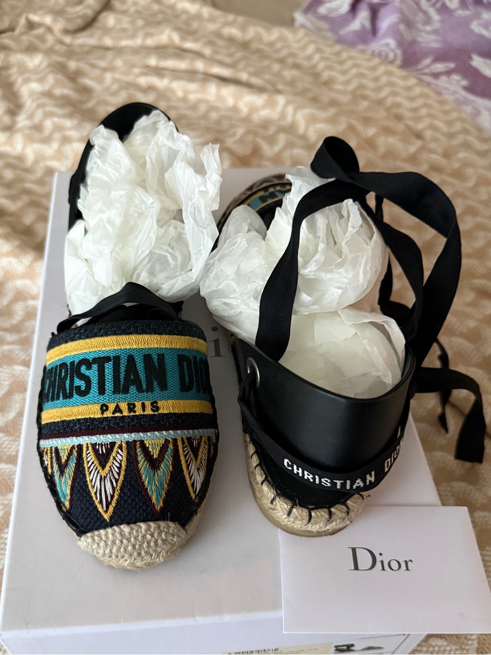 Christian Dior Nicely-D Embroidered Lace Up Espadrilles Turquoise Yellow Black